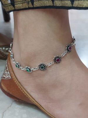 Sterling-silver-green-pink-floral-oxidized-silver-anklet-1