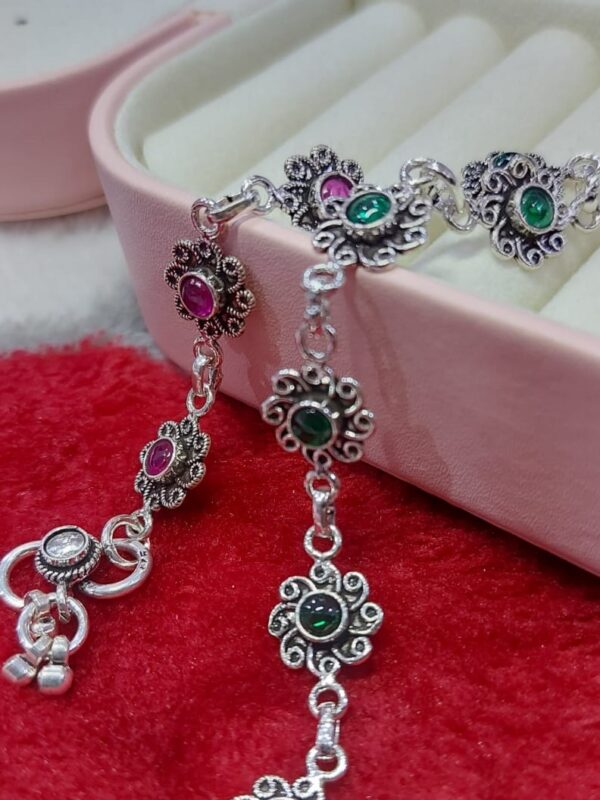 Sterling-silver-green-pink-floral-oxidized-silver-anklet-2